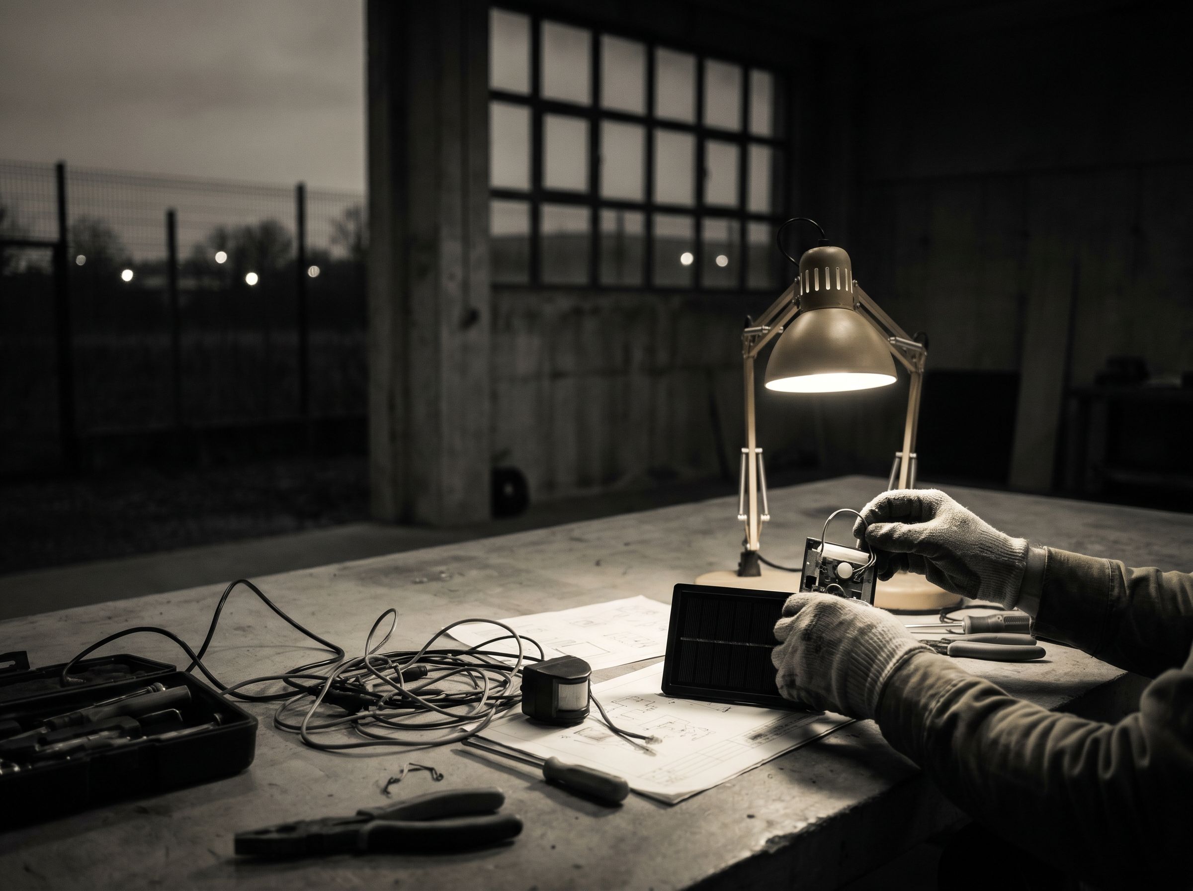 Atelier — mains travaillant sur un câblage de détecteur de mouvement.